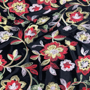 Teal Flower Embroidered Black Stretch Velvet