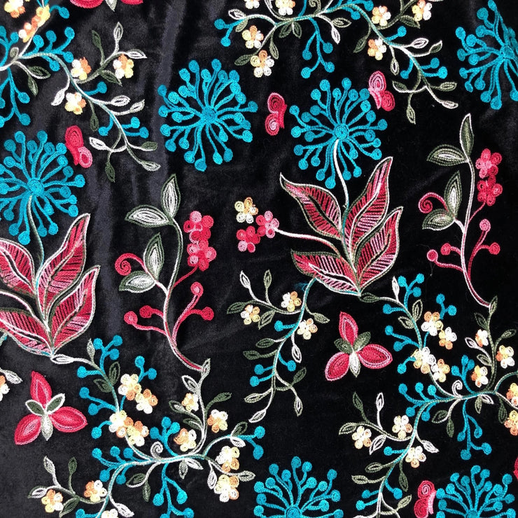 Fantasia Floral Embroidered Black Stretch Velvet