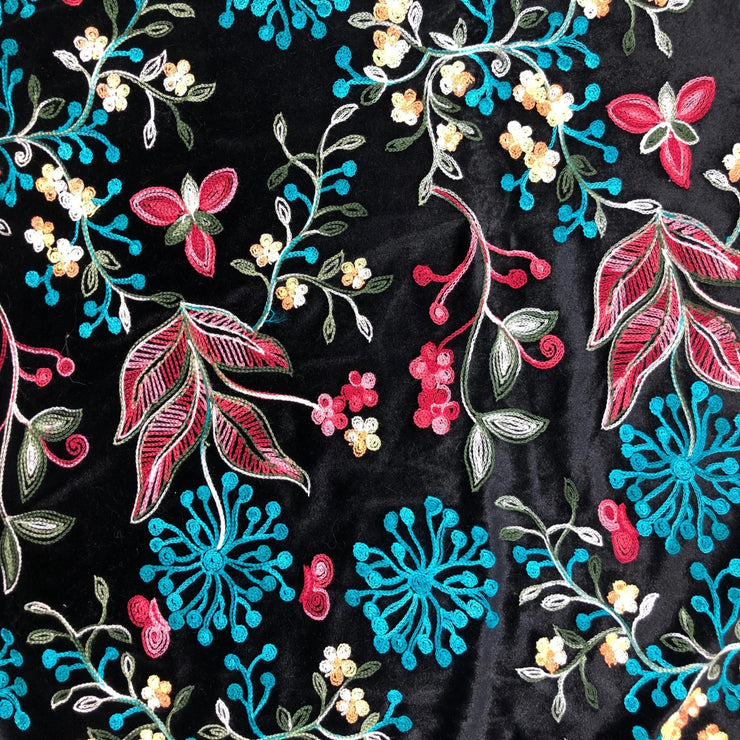 Fantasia Floral Embroidered Black Stretch Velvet