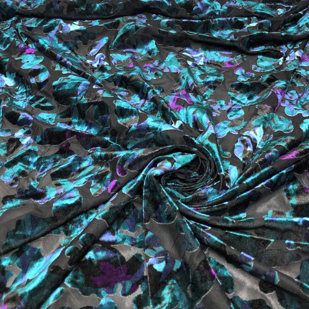Silverscreen Teal Purple Multi Floral Burnout Velvet