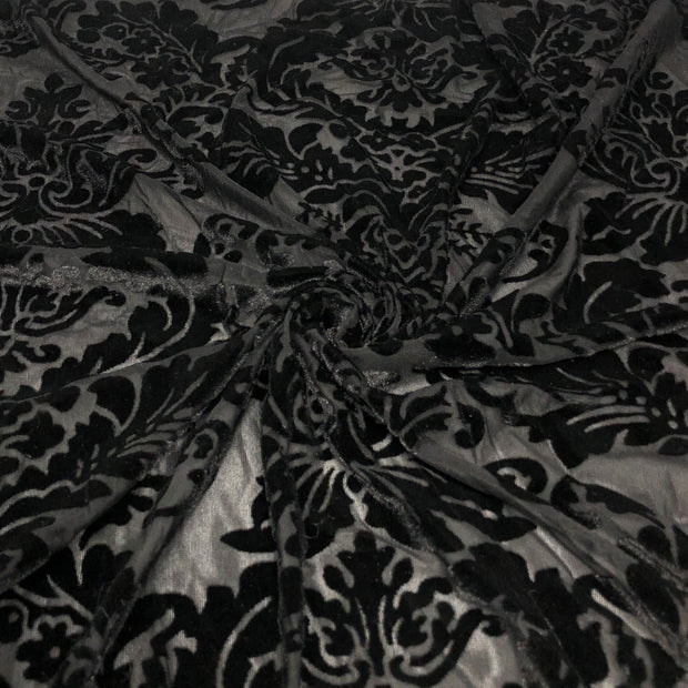 Damask Floral Burnout Velvet - Black/Silver - Fabric by the Yard