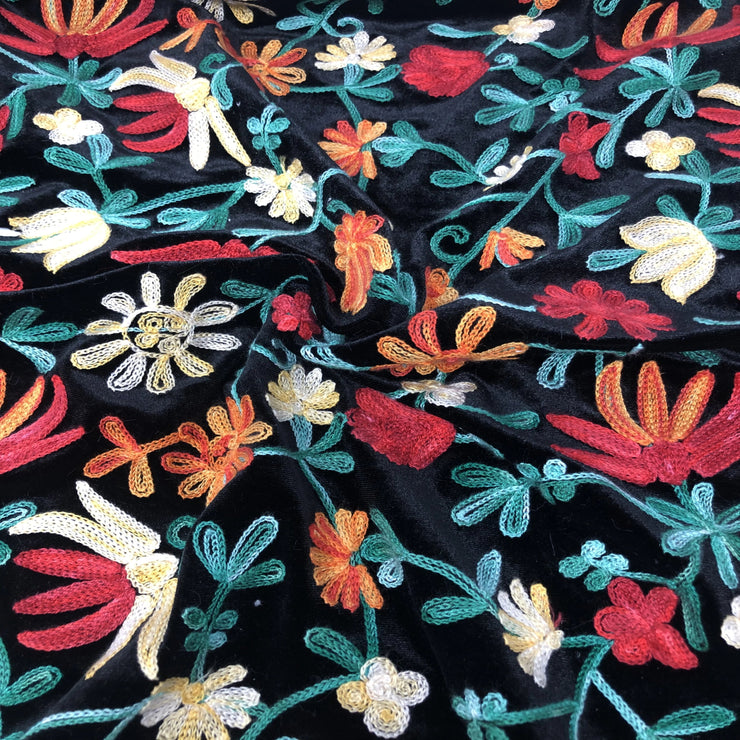 Floral Embroidered Black Stretch Velvet - Sold by the yard – Elotex Fabric