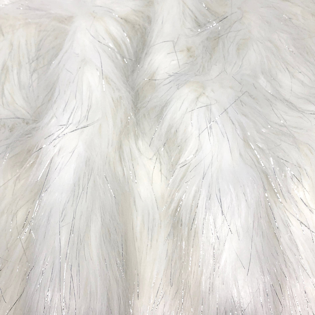 White Silver Foil Long Hair Faux Fur - Sold by the yard